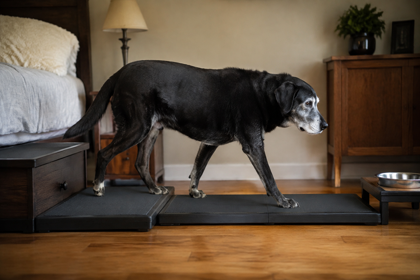 A senior Labrador walking confidently across connected non-slip runners between a bed and water bowl.