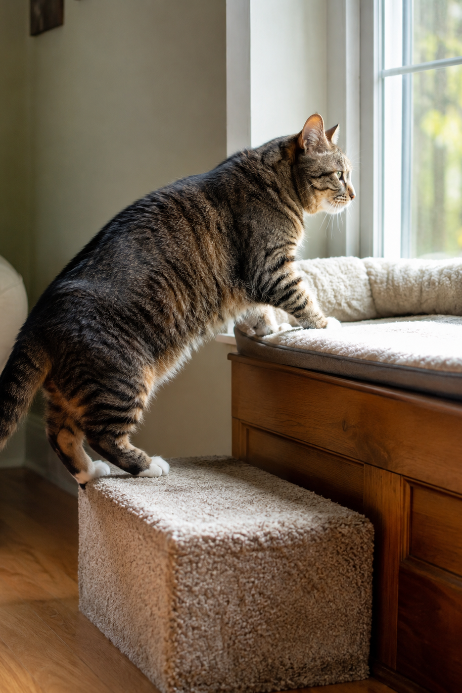 An older tabby cat using a low stable step to reach a warm window bed without jumping.