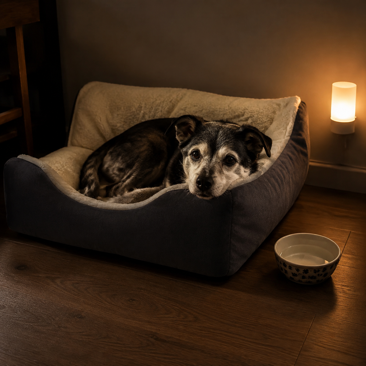 A senior small dog resting on a supportive low-entry bed beside water and a night light.