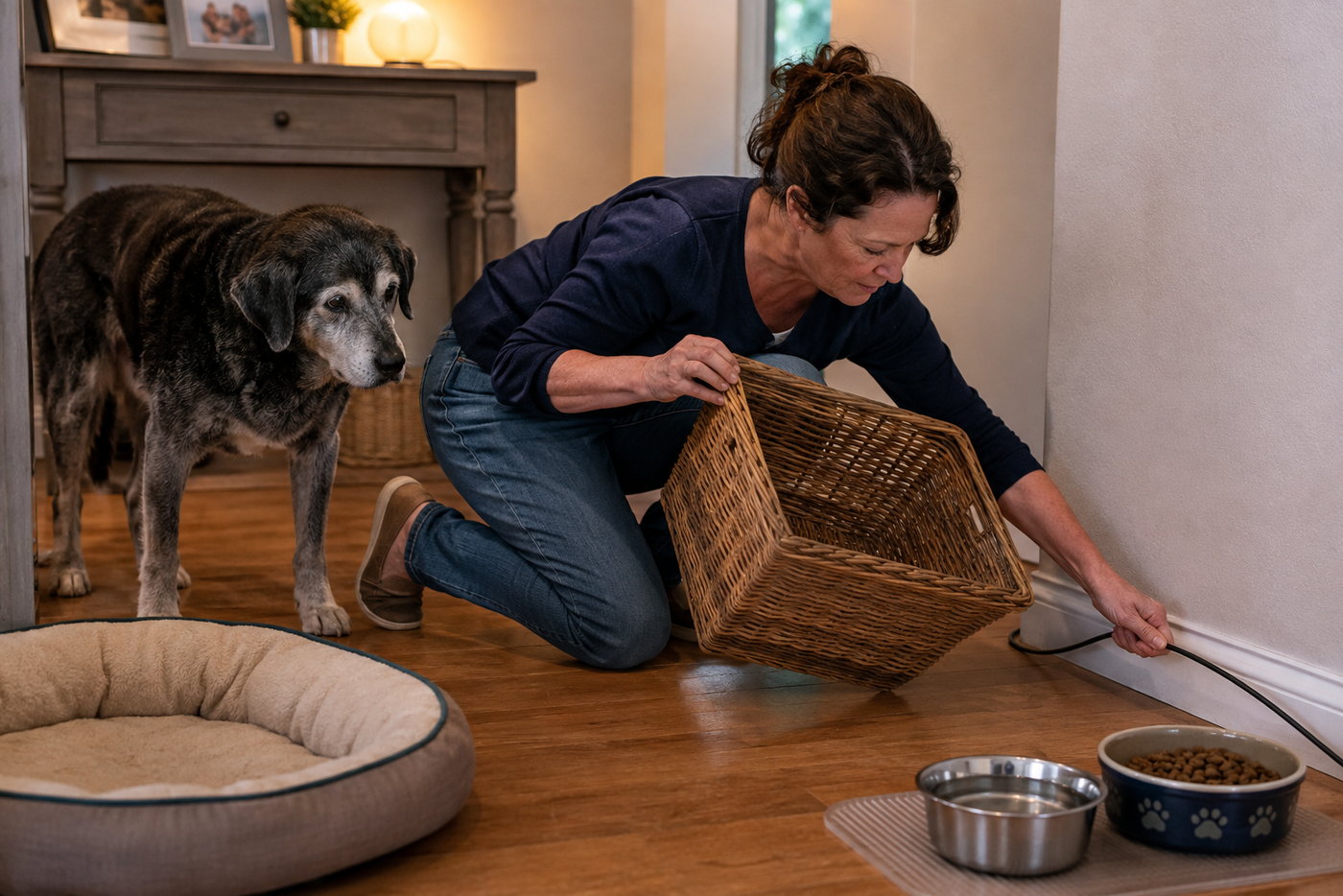 A person trimming clutter from a familiar pet route while leaving the older dog's bed and bowls in their usual places.