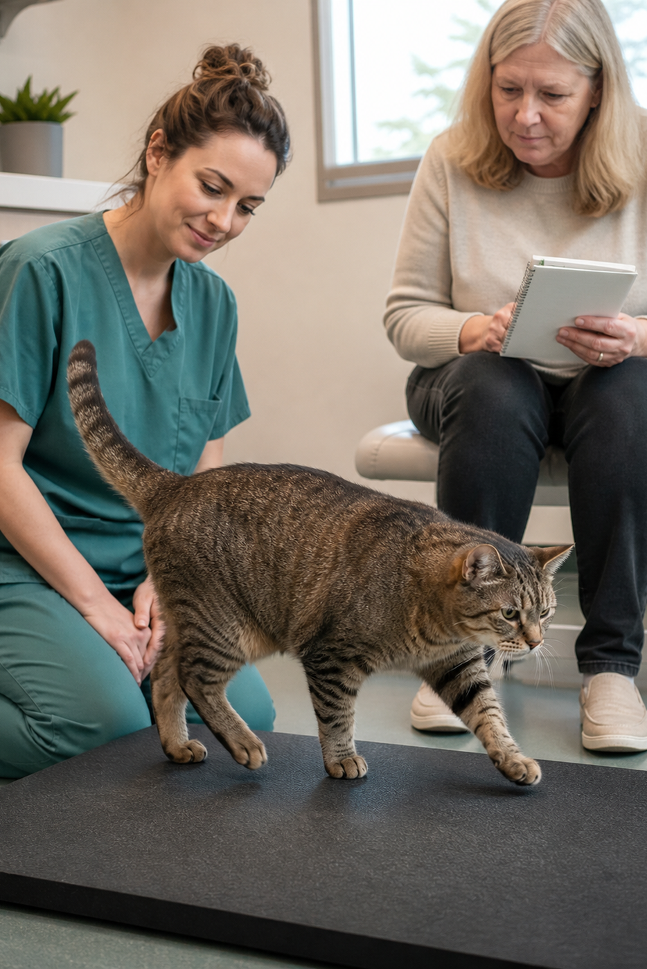 A veterinarian gently assessing an older cat's gait while the owner shares a simple home mobility diary.