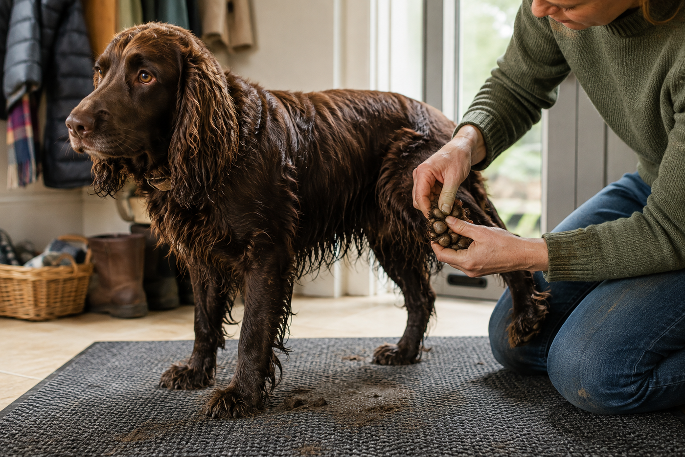 A spaniel sitting on an entryway mat while its person calmly checks between the toes after a muddy walk.