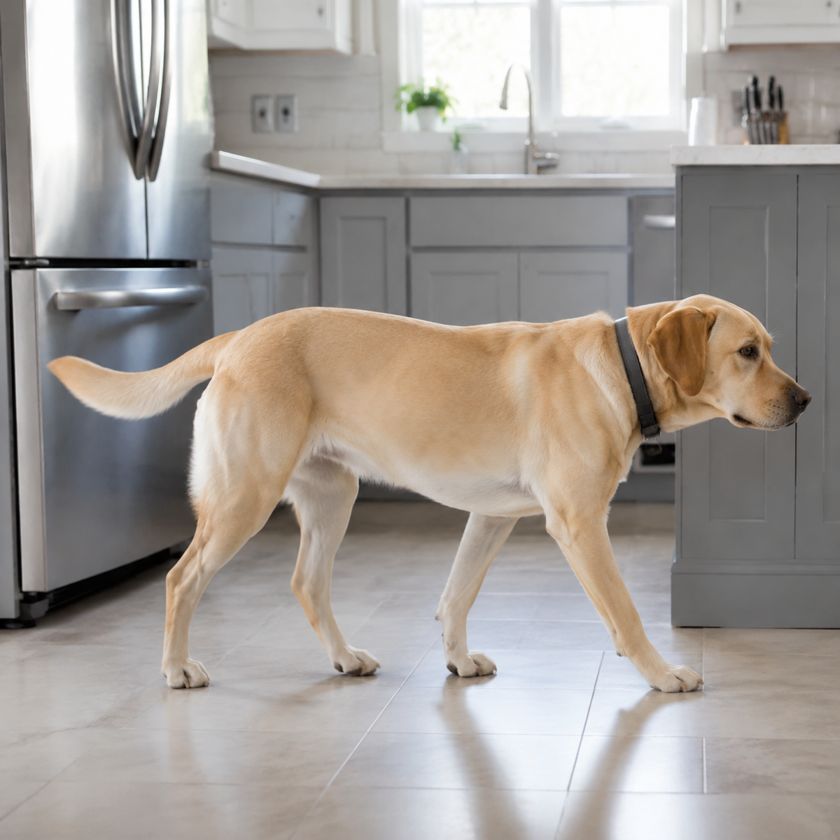 A Labrador walking normally across a clean kitchen floor while its paws and gait remain easy to observe.
