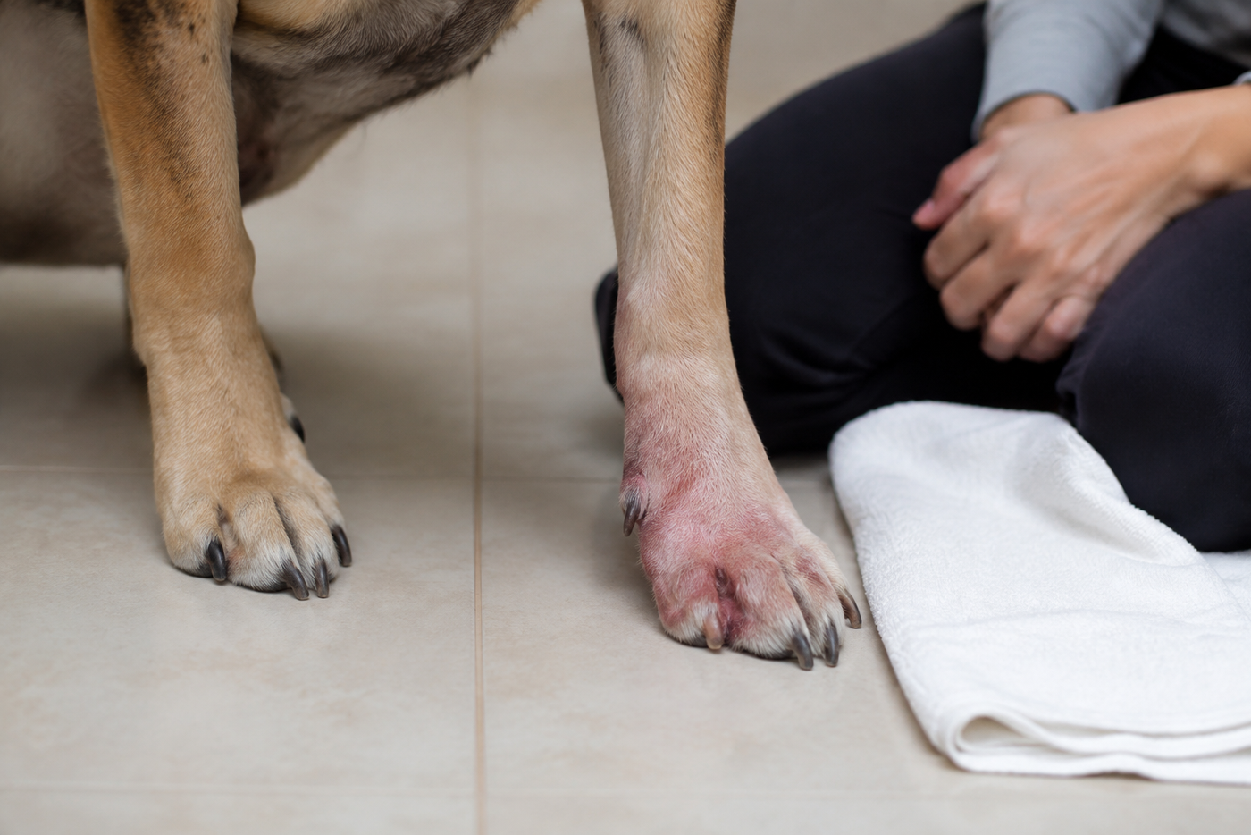 A close but non-graphic view of a dog's red irritated paw beside a clean towel and untouched phone ready to call the vet.