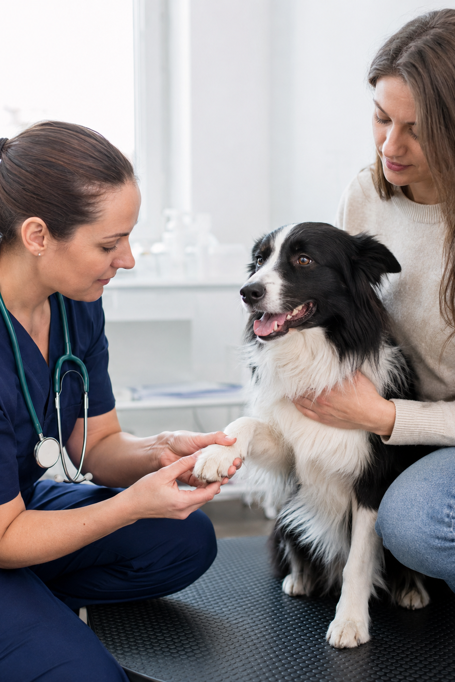 A veterinarian gently examining a border collie's paw while the owner offers calm support in a quiet clinic.