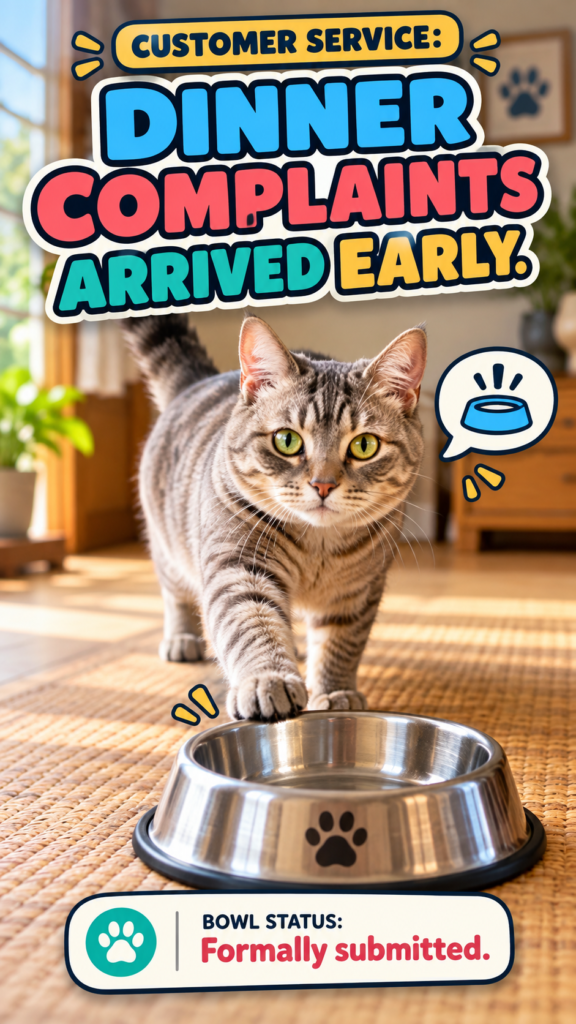 Grey tabby cat pushing an empty stainless-steel food bowl forward in a warm home